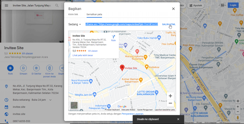Pilih Salin HTML Untuk Menyalin Kode Peta Google Maps