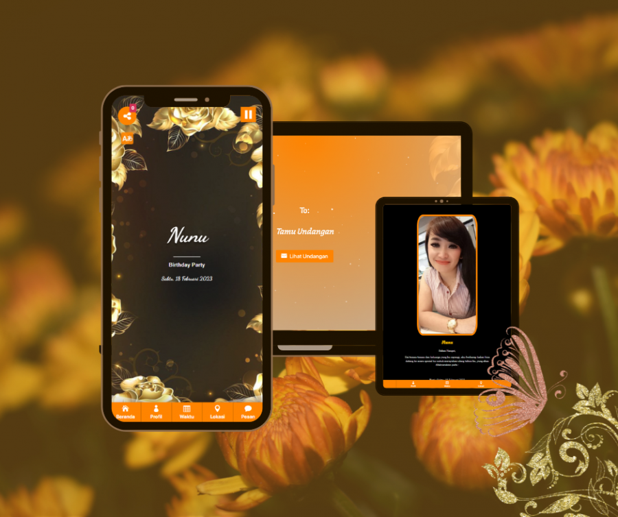 Invitee Template Preset Design Orange Gold Flower Birthday